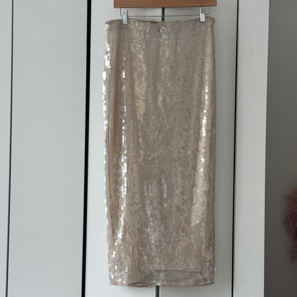 STAUD Shimmering Beige Sequin Pencil Skirt